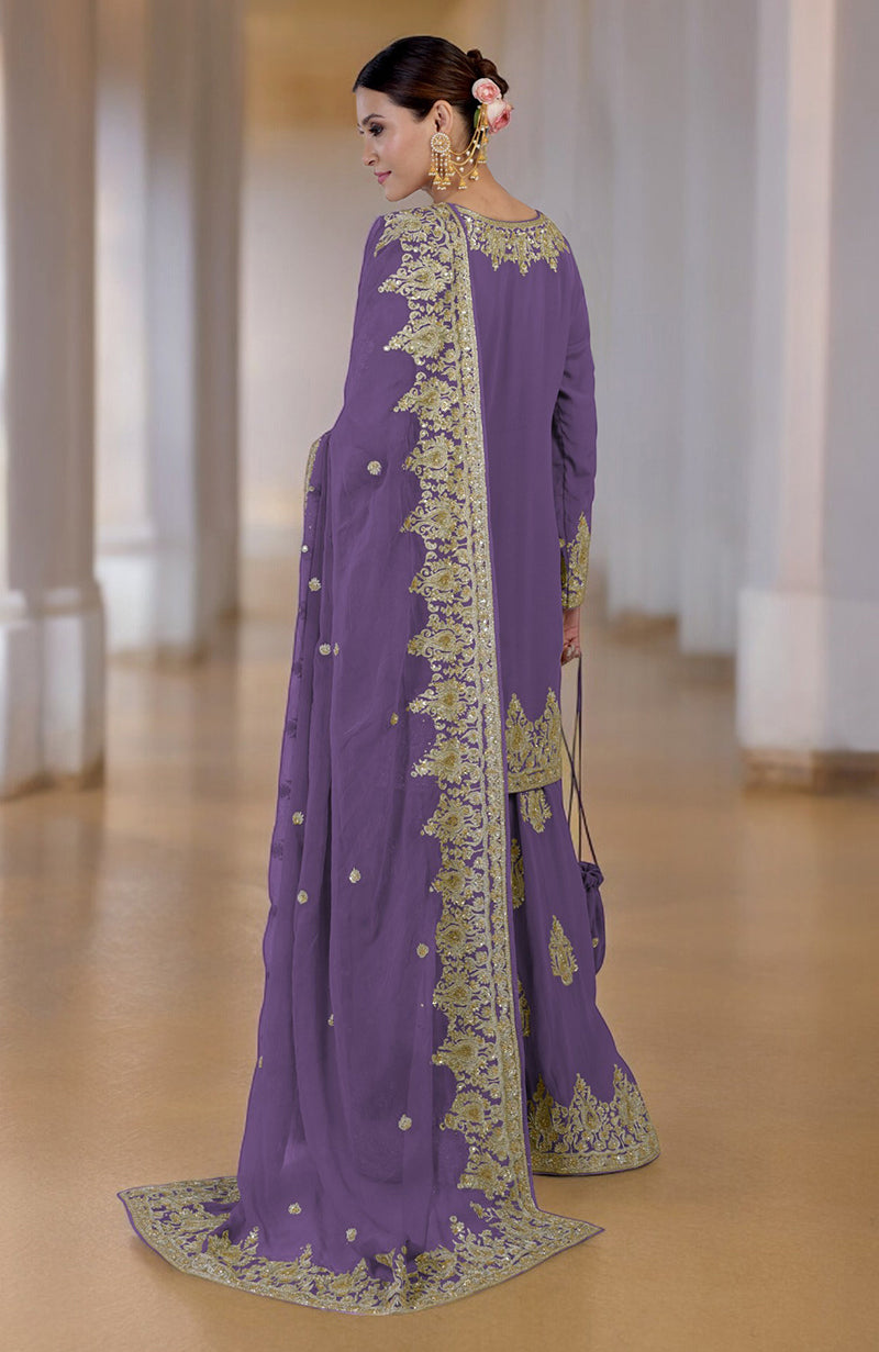 Amethyst orchid sharara set with gold Kashmiri tilla and zardozi hand embroidery.