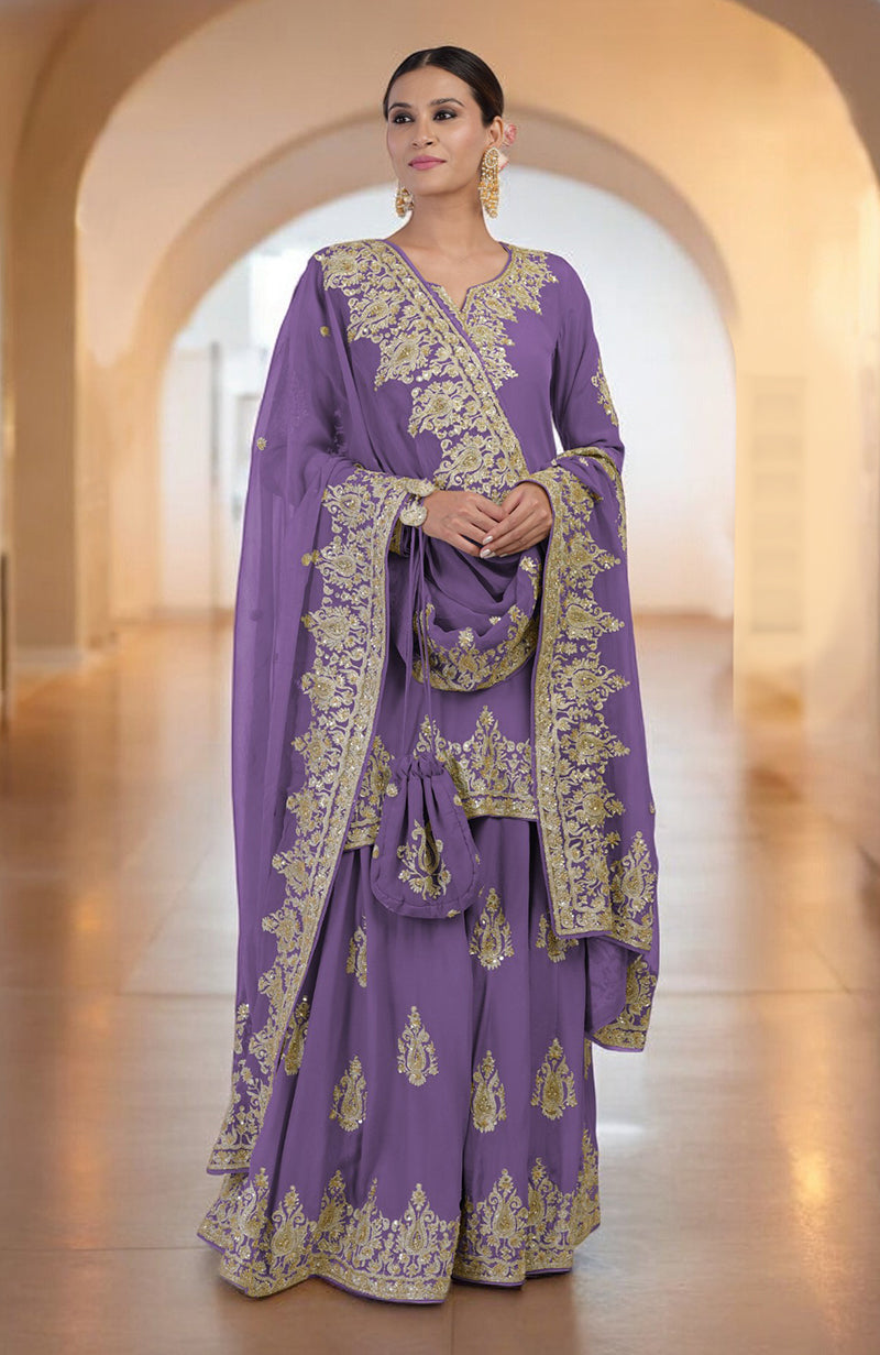 A woman models an amethyst orchid sharara set with gold embroidery and a matching potli bag.
