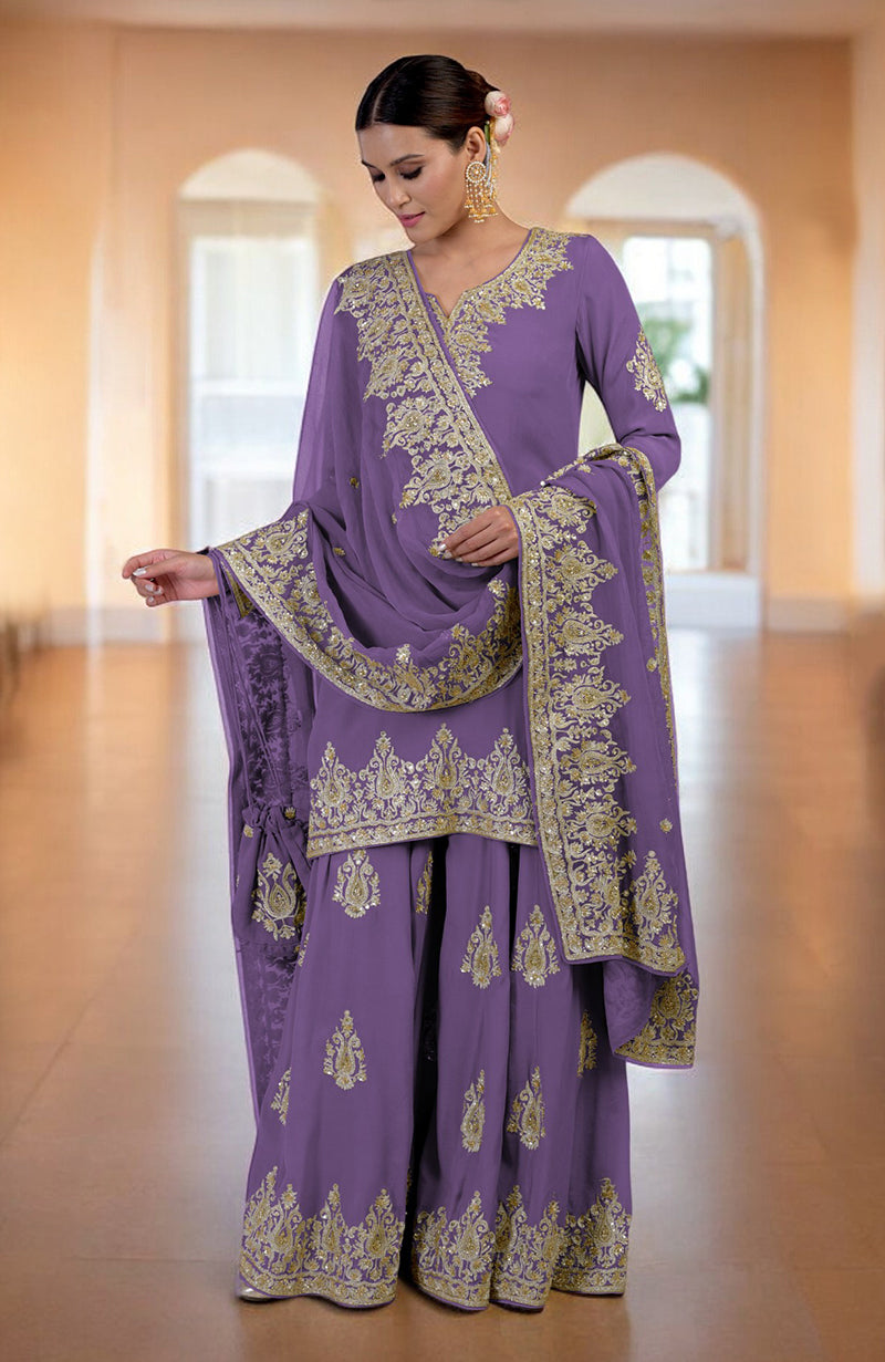 Amethyst orchid sharara set with gold Kashmiri tilla and zardozi hand embroidery.