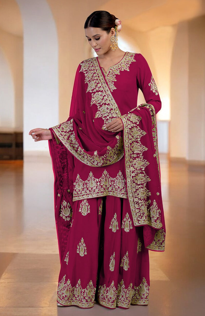 Bright rose gold sharara set with Kashmiri tilla and zardozi hand embroidery.