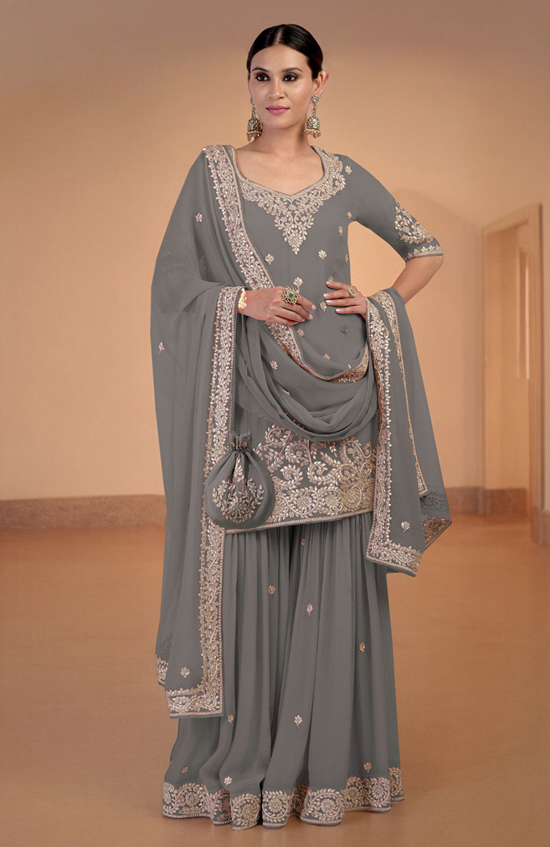Grey sharara set with intricate marori gota patti and zardozi hand embroidery.