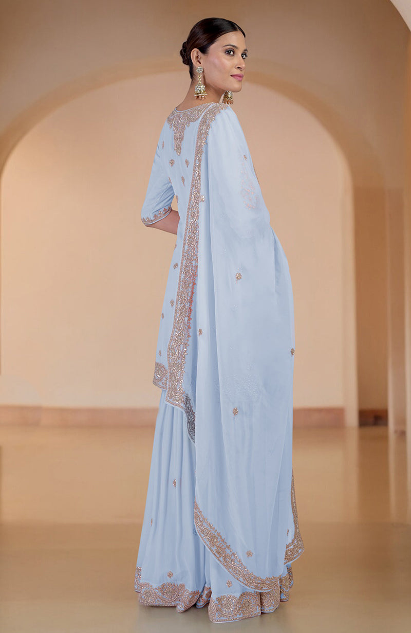 Illusion blue sharara set with marori gota patti and zardozi hand embroidery.