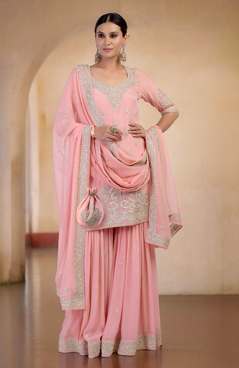 Peony pink sharara set with marori gota patti and zardozi hand embroidery.