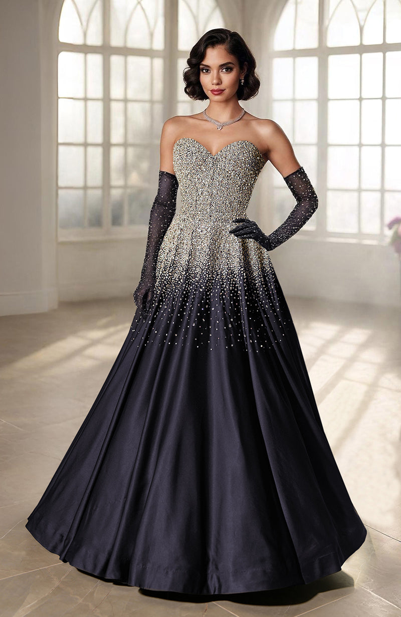 A woman in a black and gold crystal-embroidered strapless gown with long black gloves.