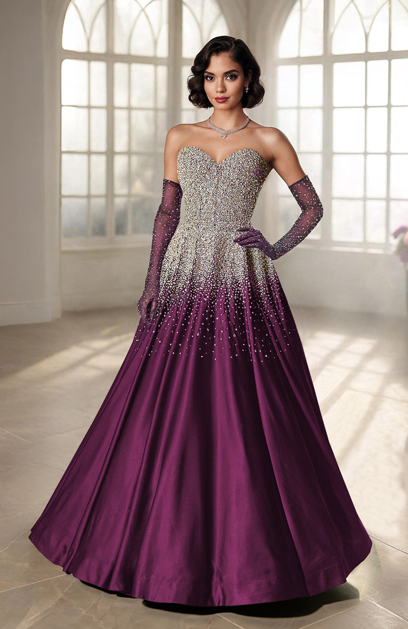 A woman in a strapless, embellished gown with a purple skirt and matching long gloves.