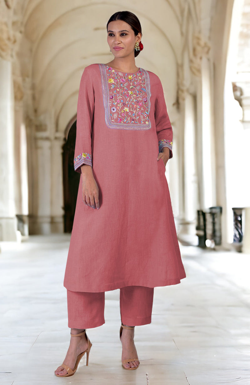 Desert Rose Parsi Gara embroidered linen kurta set with pockets.