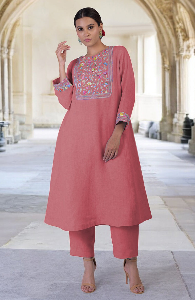 Desert Rose Parsi Gara embroidered linen kurta set with colorful floral patterns.