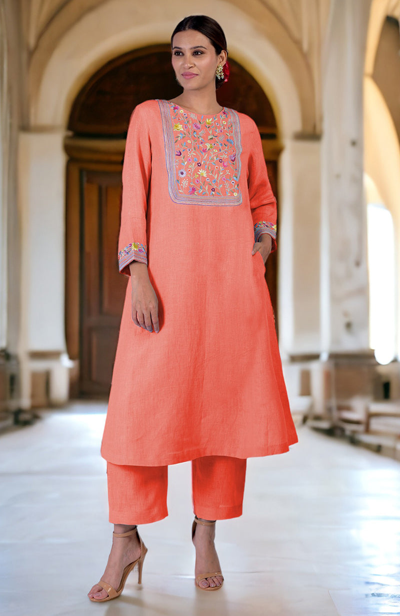 Living coral Parsi Gara embroidered linen kurta set with pockets.