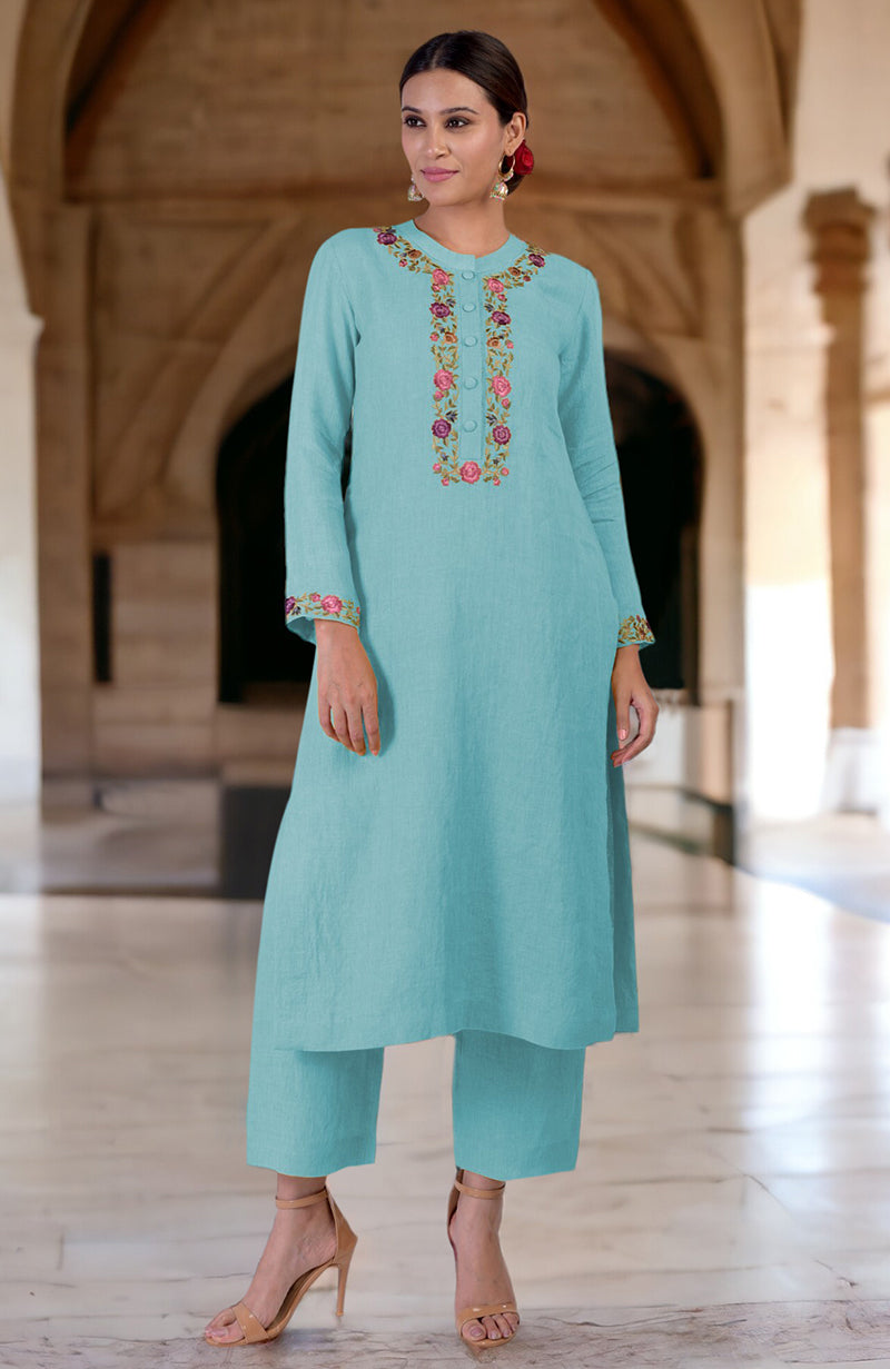 Antigua Sand Parsi Gara Embroidered Linen Kurta Set with wide-leg pants.