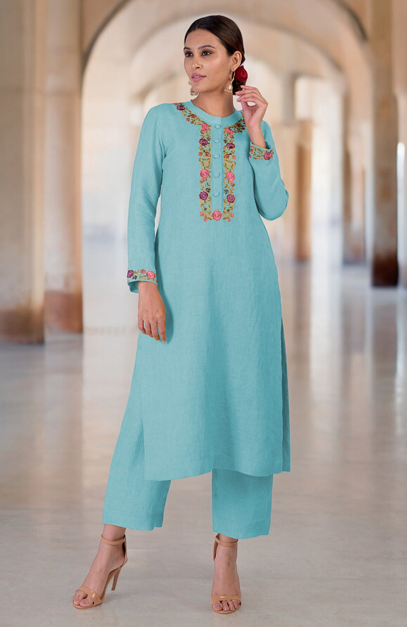Antigua Sand Parsi Gara Embroidered Linen Kurta Set with wide-leg pants.