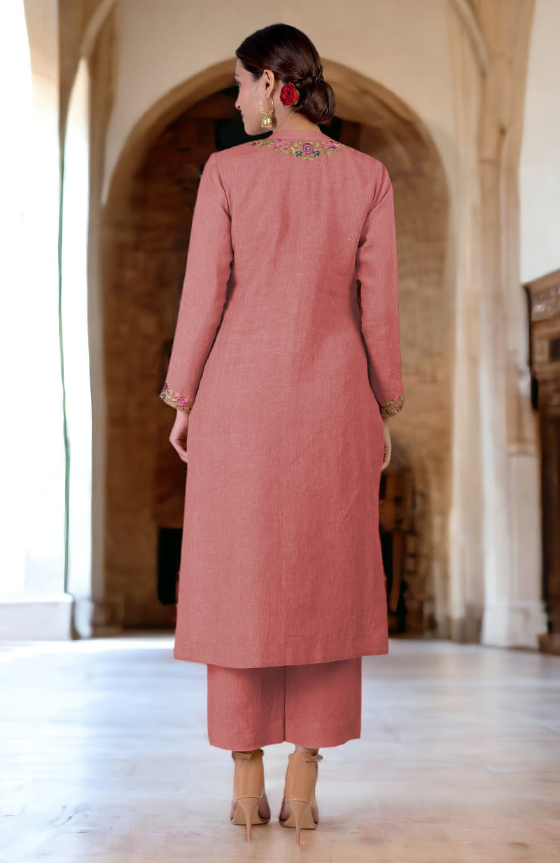 Desert Rose Parsi Gara embroidered linen kurta set with wide-leg pants.
