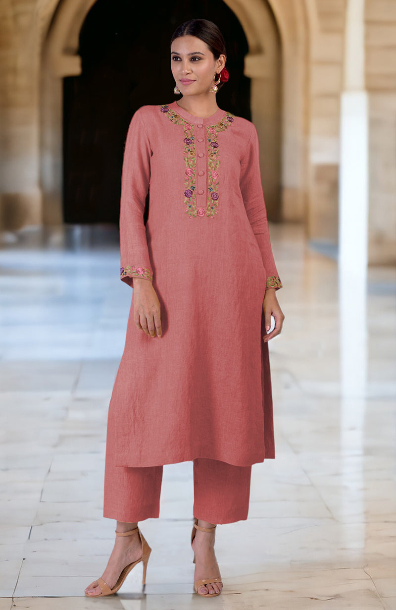 Desert rose linen kurta set with Parsi Gara embroidery.