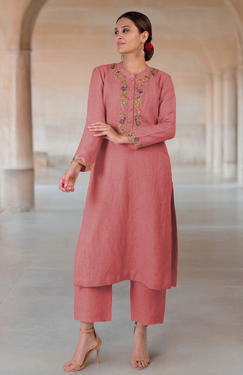 Antigua Sand Parsi Gara embroidered linen kurta set with wide-leg pants.