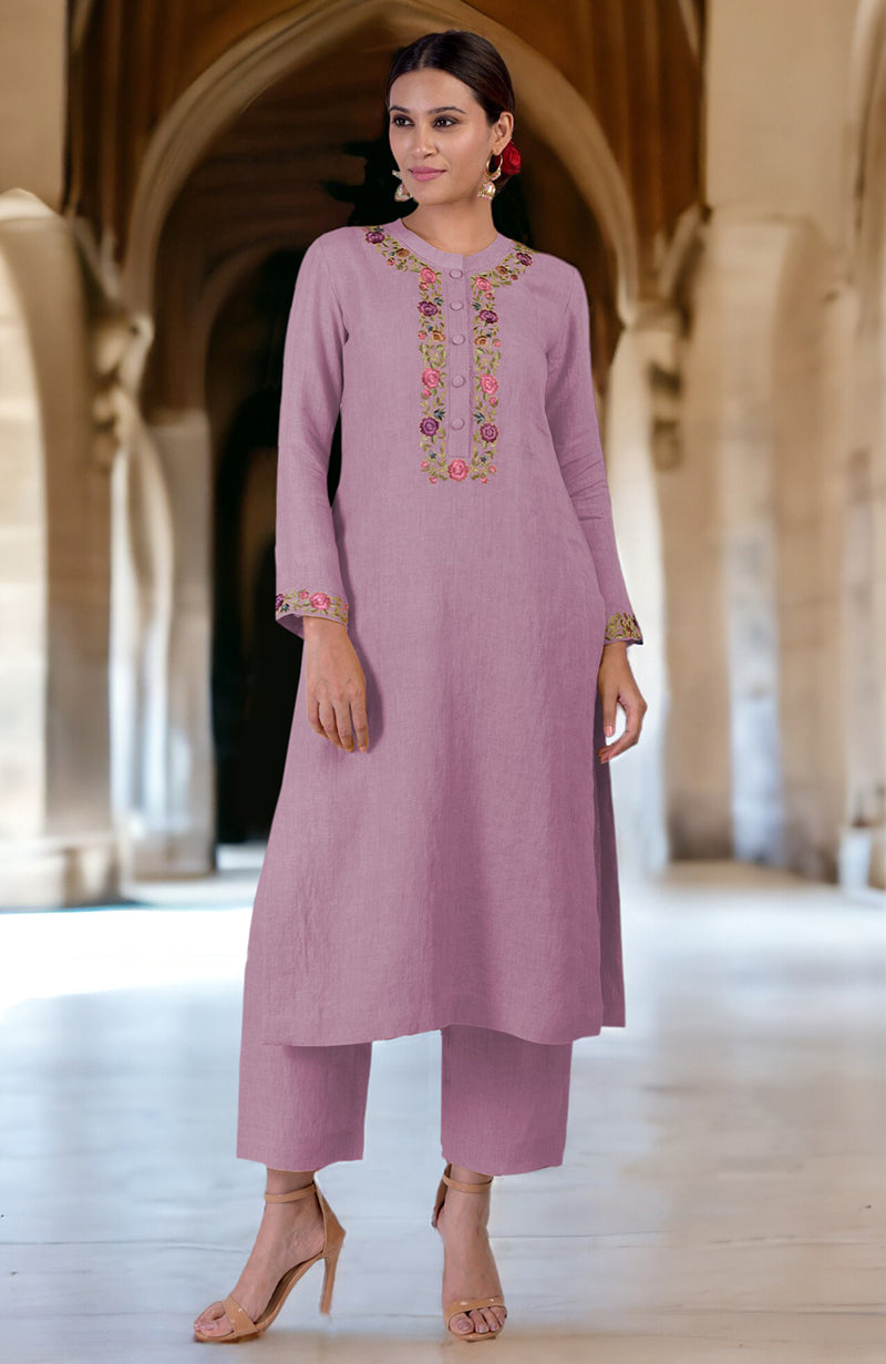 Smoky grape linen kurta set with Parsi Gara embroidery on the neckline and sleeves.