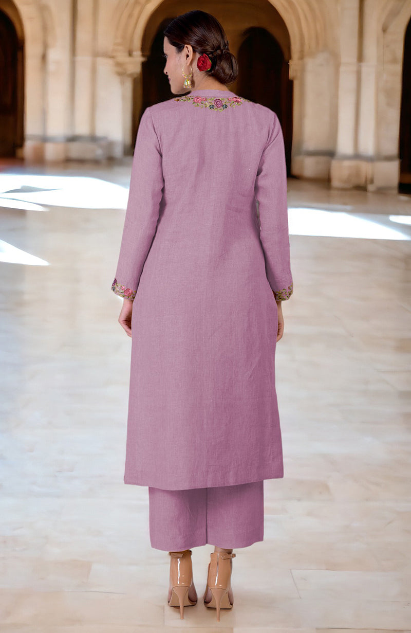 Smoky grape linen kurta set with Parsi Gara embroidery on the neck and sleeves.