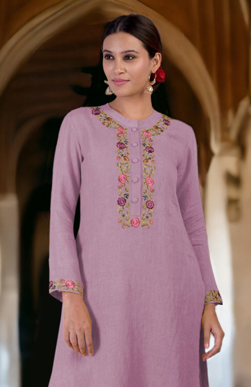 Smoky grape linen kurta with Parsi Gara embroidery on the neckline and sleeves.