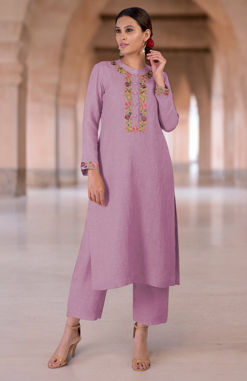 Smoky grape linen kurta set with Parsi Gara embroidery on the neckline and sleeves.