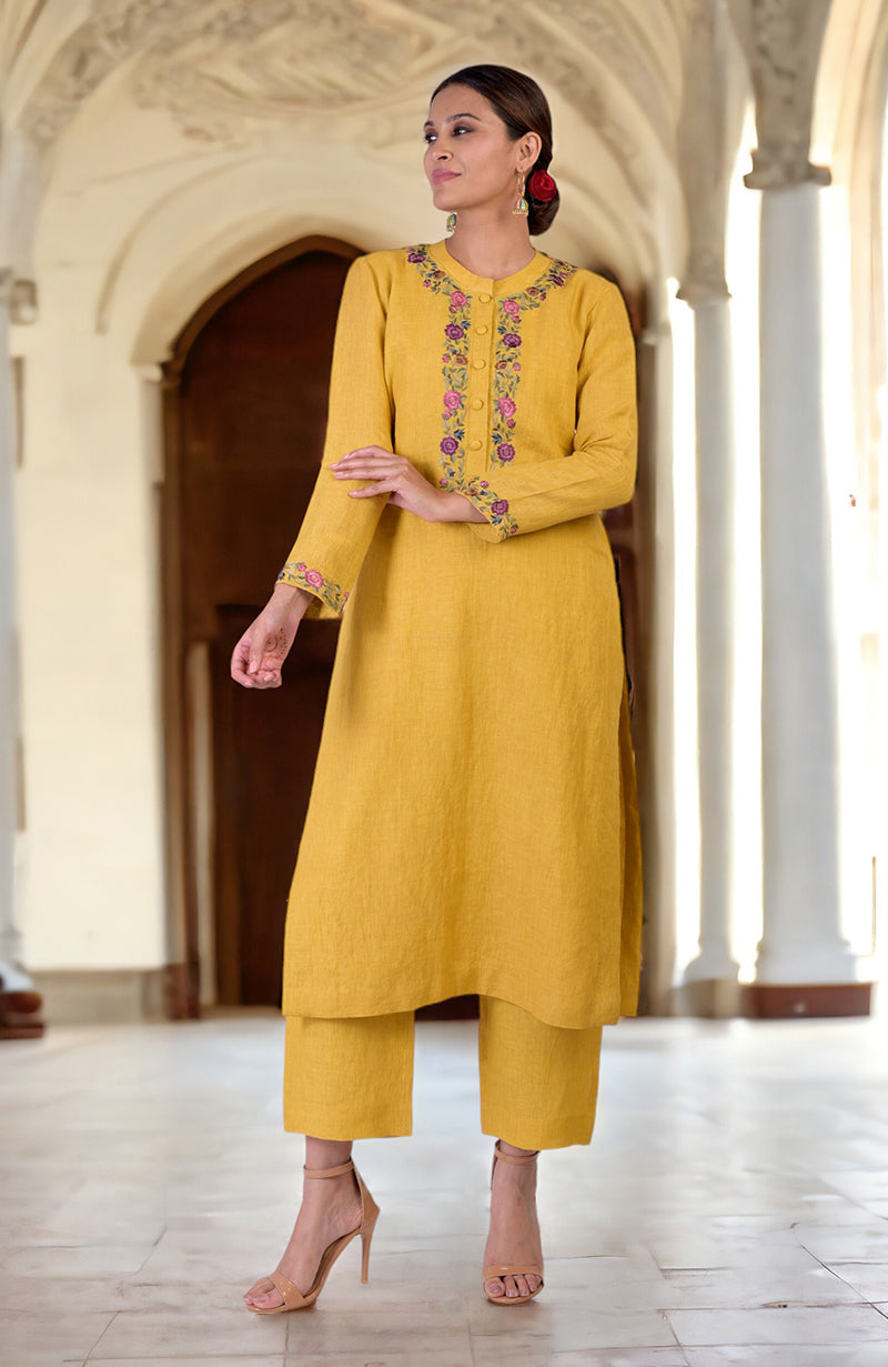Calendula yellow Parsi Gara embroidered linen kurta set with wide-leg pants.