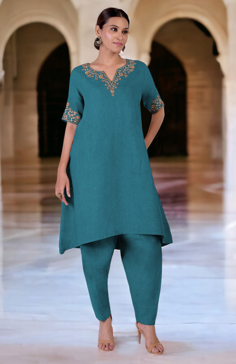Mosaic Blue Marori embroidered linen kurta set with a high-low hem and slim salwar.