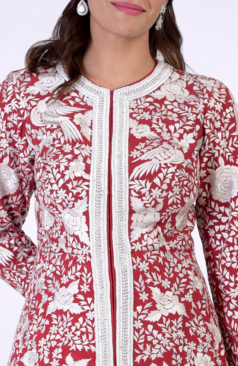 Red Parsi Gara jacket with ivory embroidery and beaded borders.