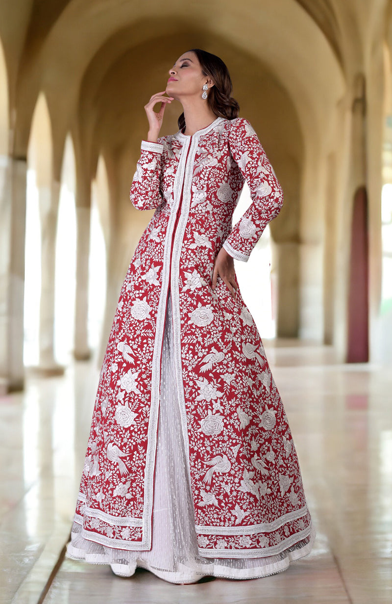 Red Parsi Gara jacket set with ivory embroidery and beadwork.