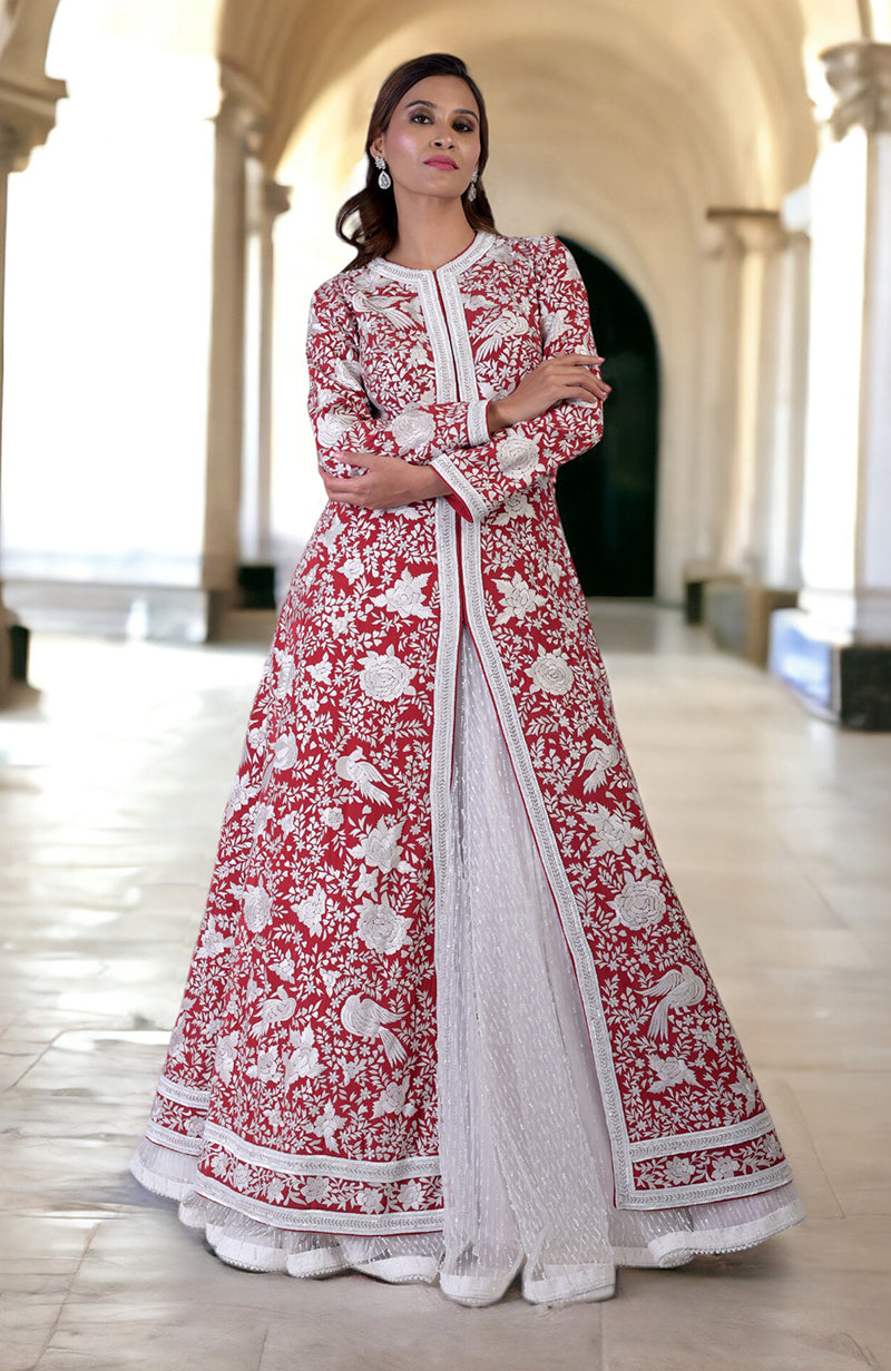 Red Parsi Gara jacket set with ivory embroidery and beadwork.