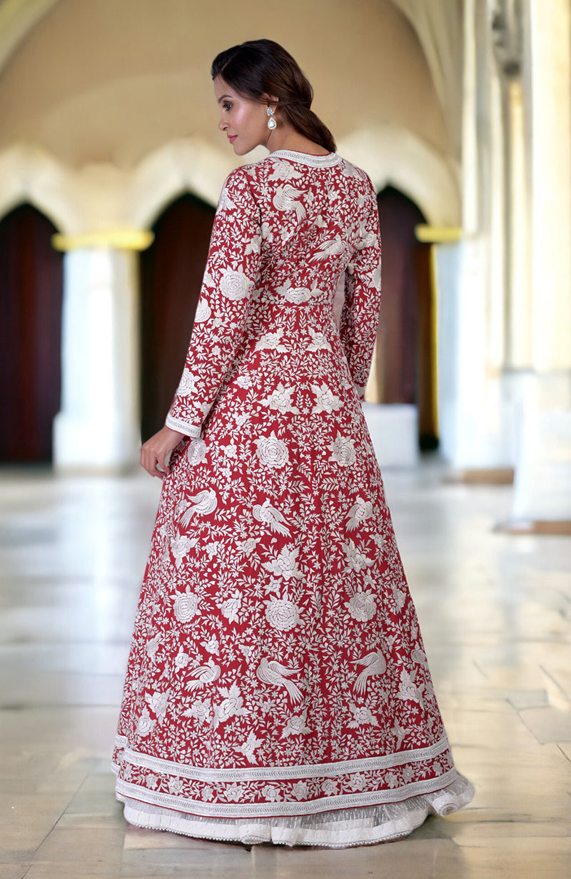 Red Parsi Gara jacket set with ivory embroidery and beadwork.