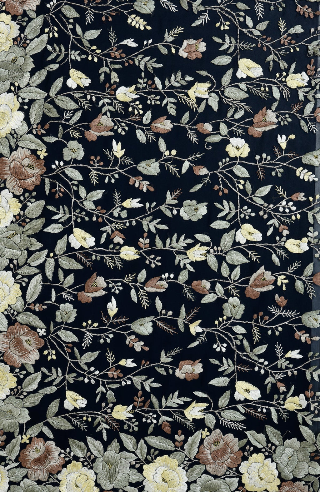 Midnight blue Parsi Gara hand-embroidered saree with floral patterns.