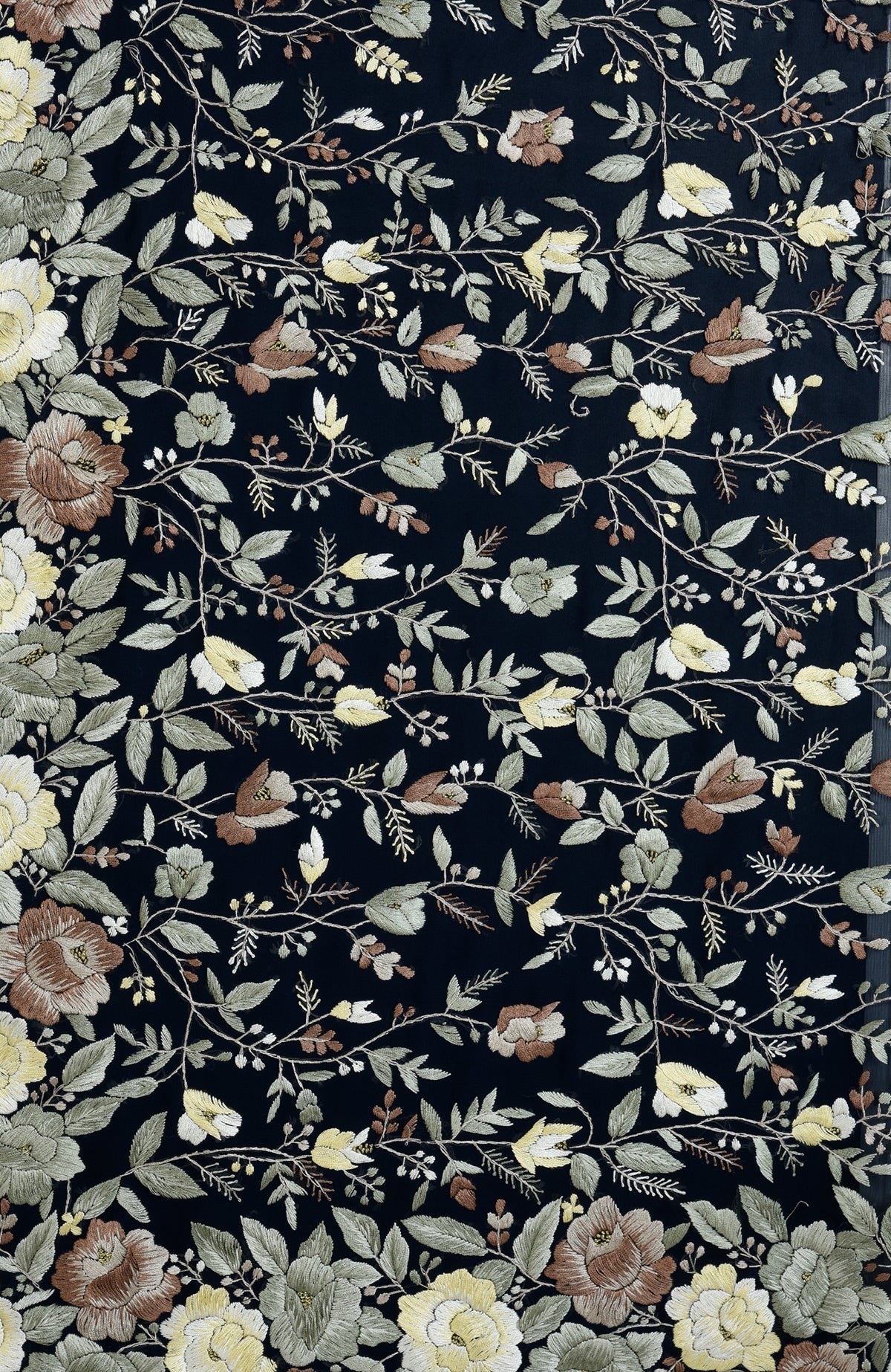 Midnight blue Parsi Gara hand-embroidered saree with floral patterns.