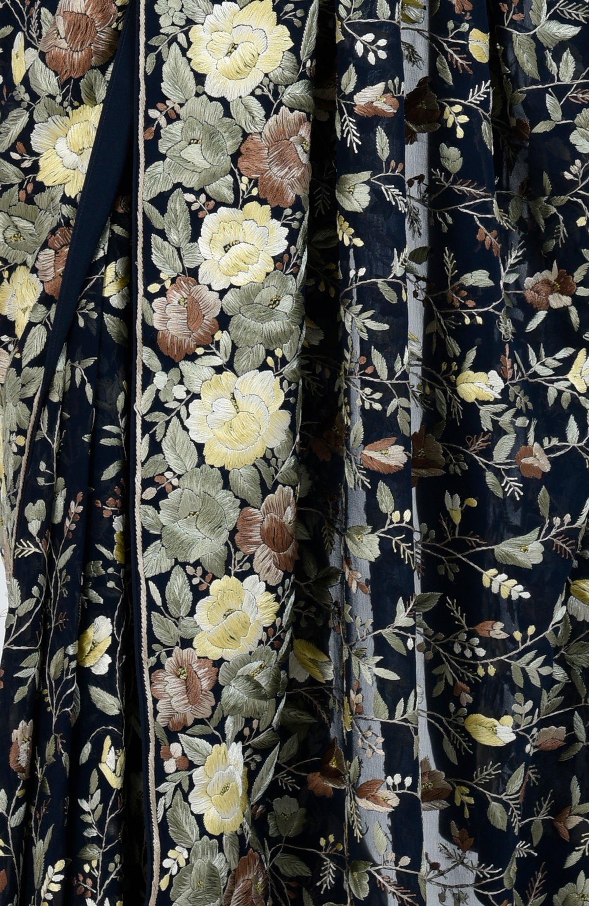 Midnight blue Parsi Gara hand embroidered saree with floral patterns.