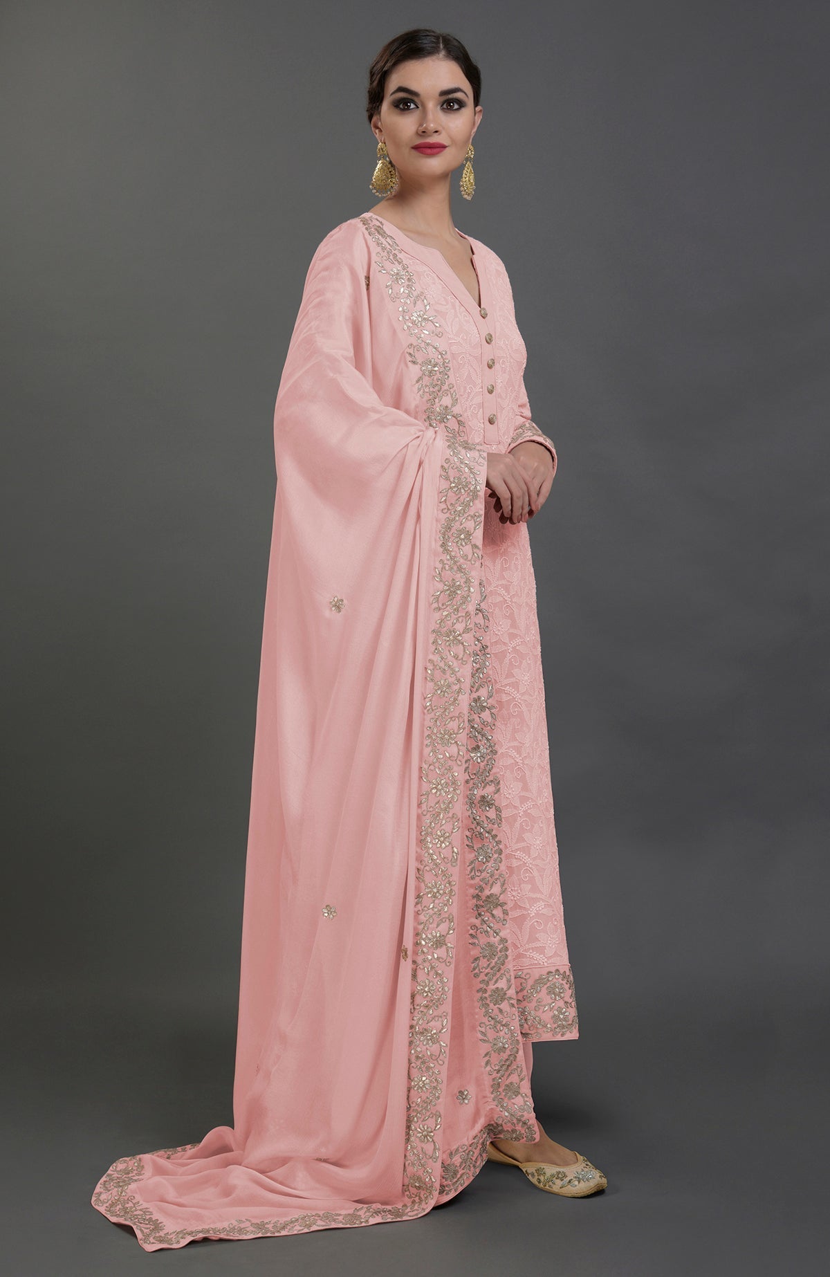 English rose chikankari and gota patti hand embroidered kurta set.