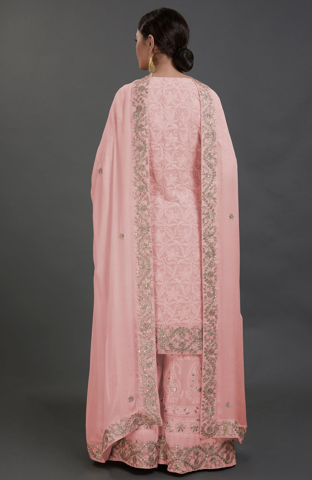 English Rose sharara suit with intricate chikankari and rose gold gota patti embroidery on georgette fabric