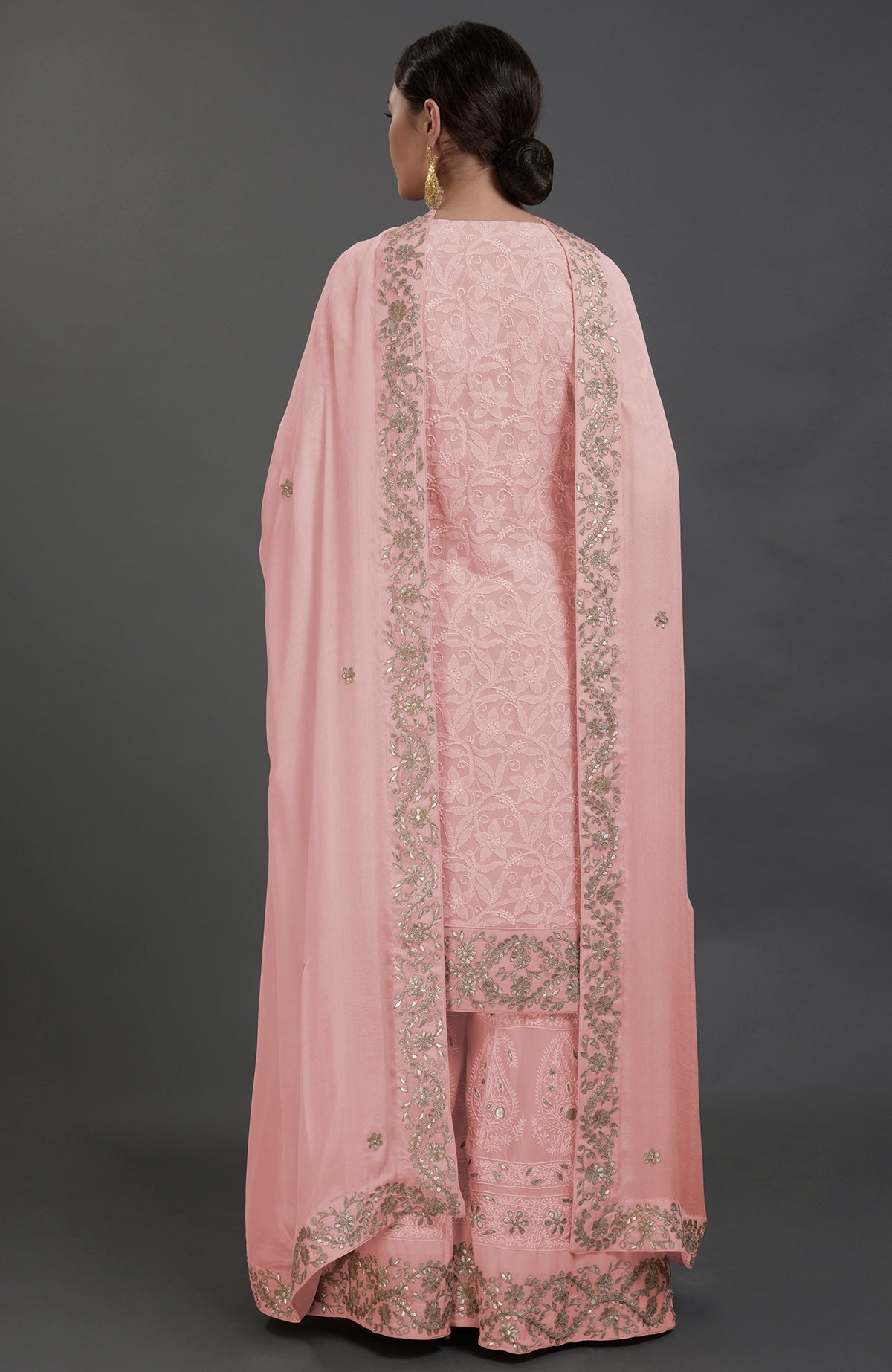 English Rose sharara suit with intricate chikankari and rose gold gota patti embroidery on georgette fabric