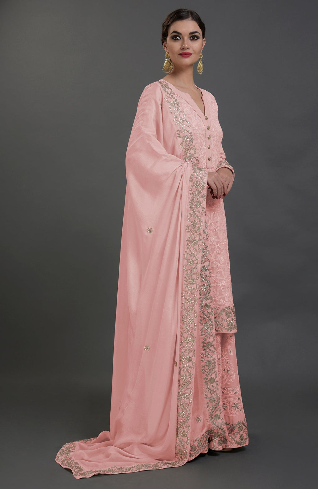 English Rose sharara suit with intricate chikankari and rose gold gota patti embroidery on georgette fabric