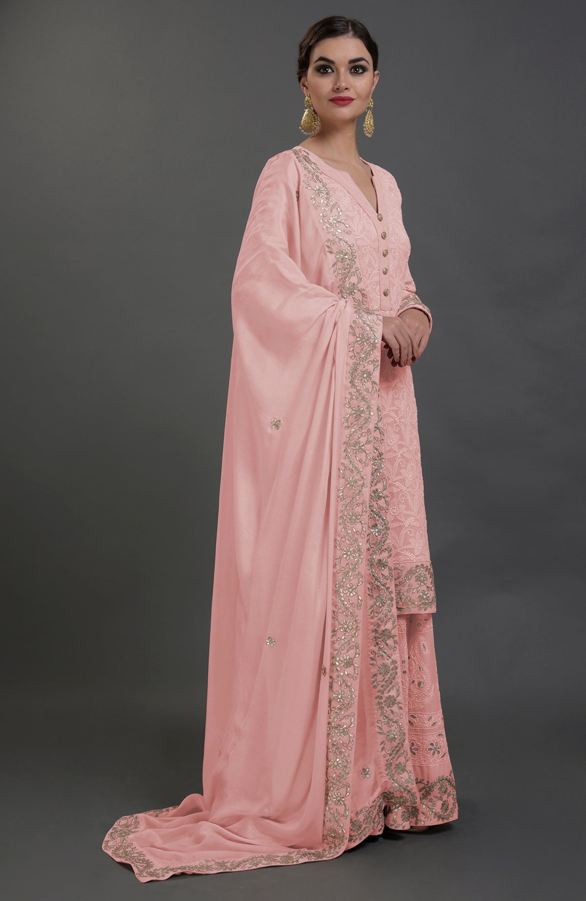 English Rose sharara suit with intricate chikankari and rose gold gota patti embroidery on georgette fabric