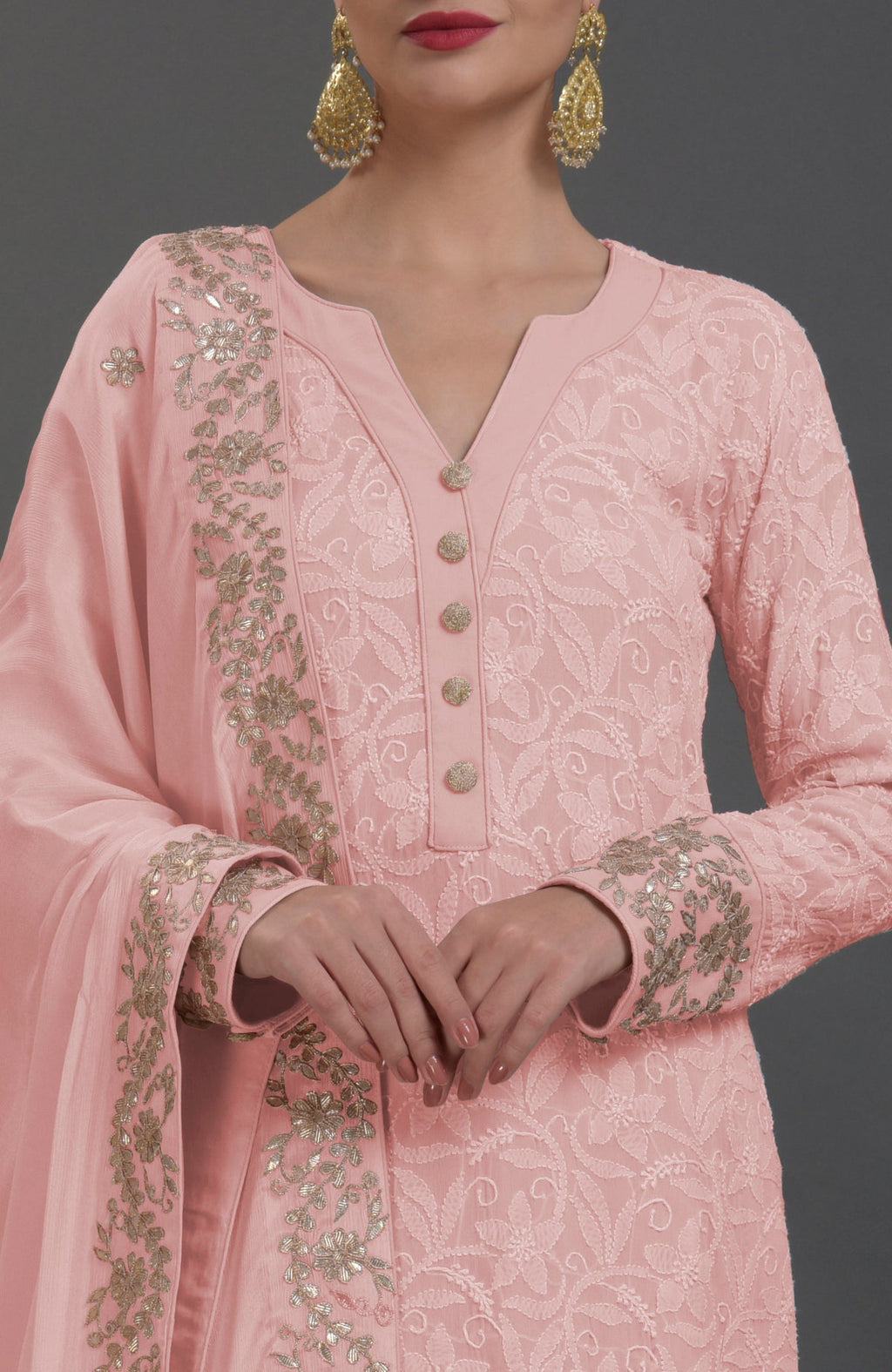 English Rose sharara suit with intricate chikankari and rose gold gota patti embroidery on georgette fabric