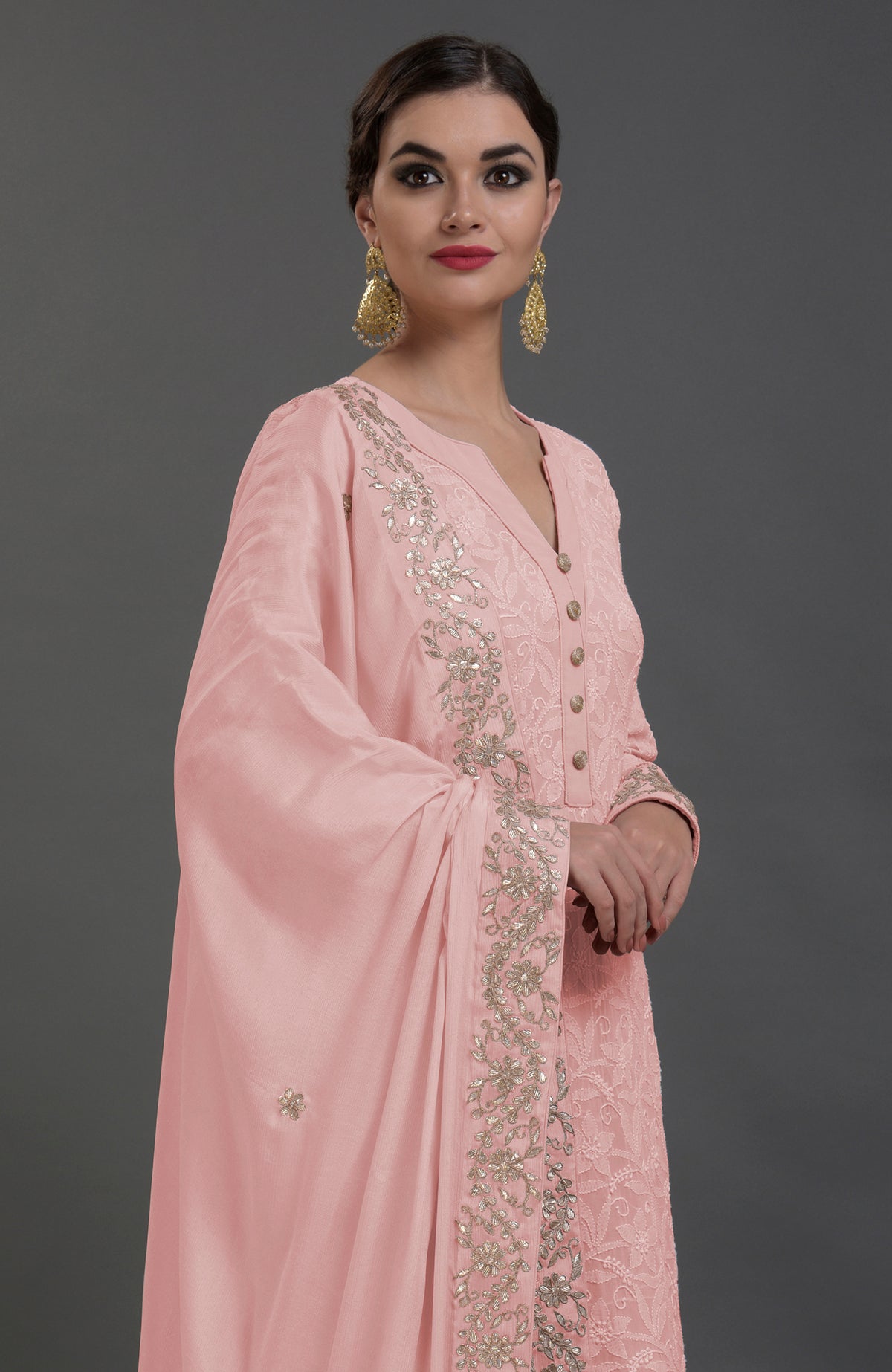 English Rose sharara suit with intricate chikankari and rose gold gota patti embroidery on georgette fabric