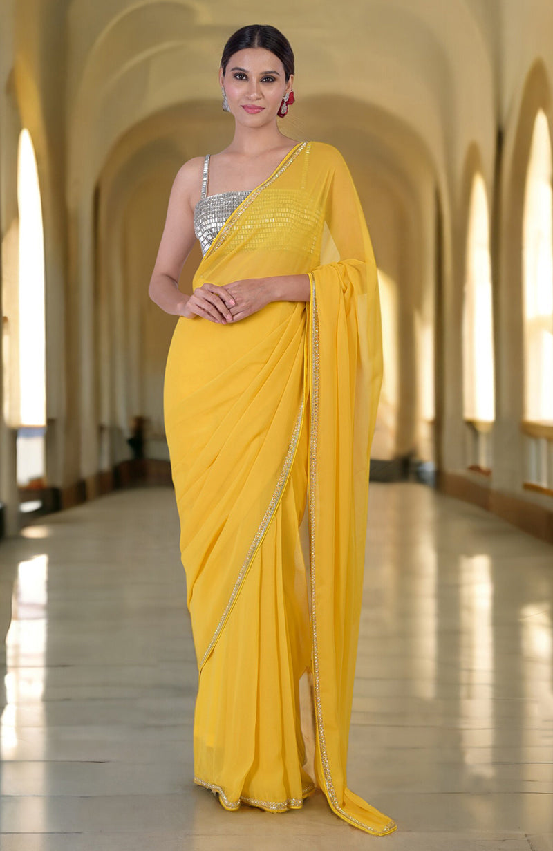 Daffodil yellow hand-embroidered saree with a diamanté crystal bustier.