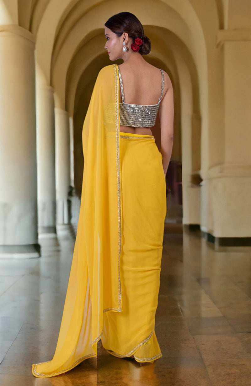Daffodil yellow hand-embroidered saree with a diamanté crystal bustier.
