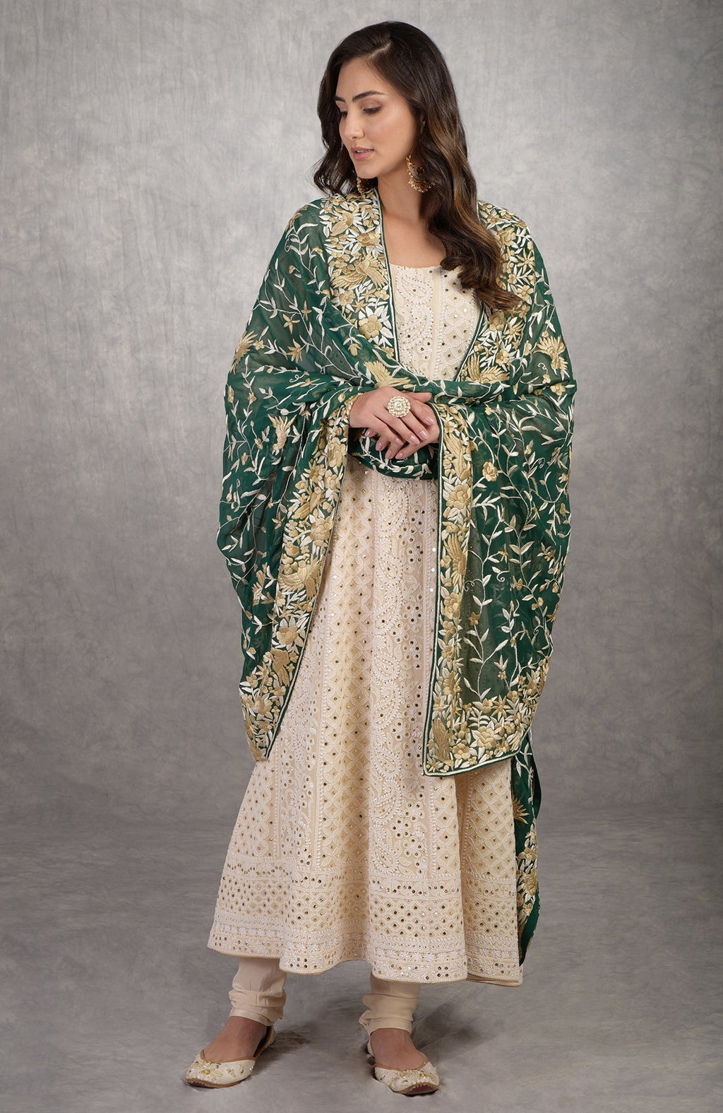 Champagne Chikankari suit with a green Parsi Gara embroidered dupatta.