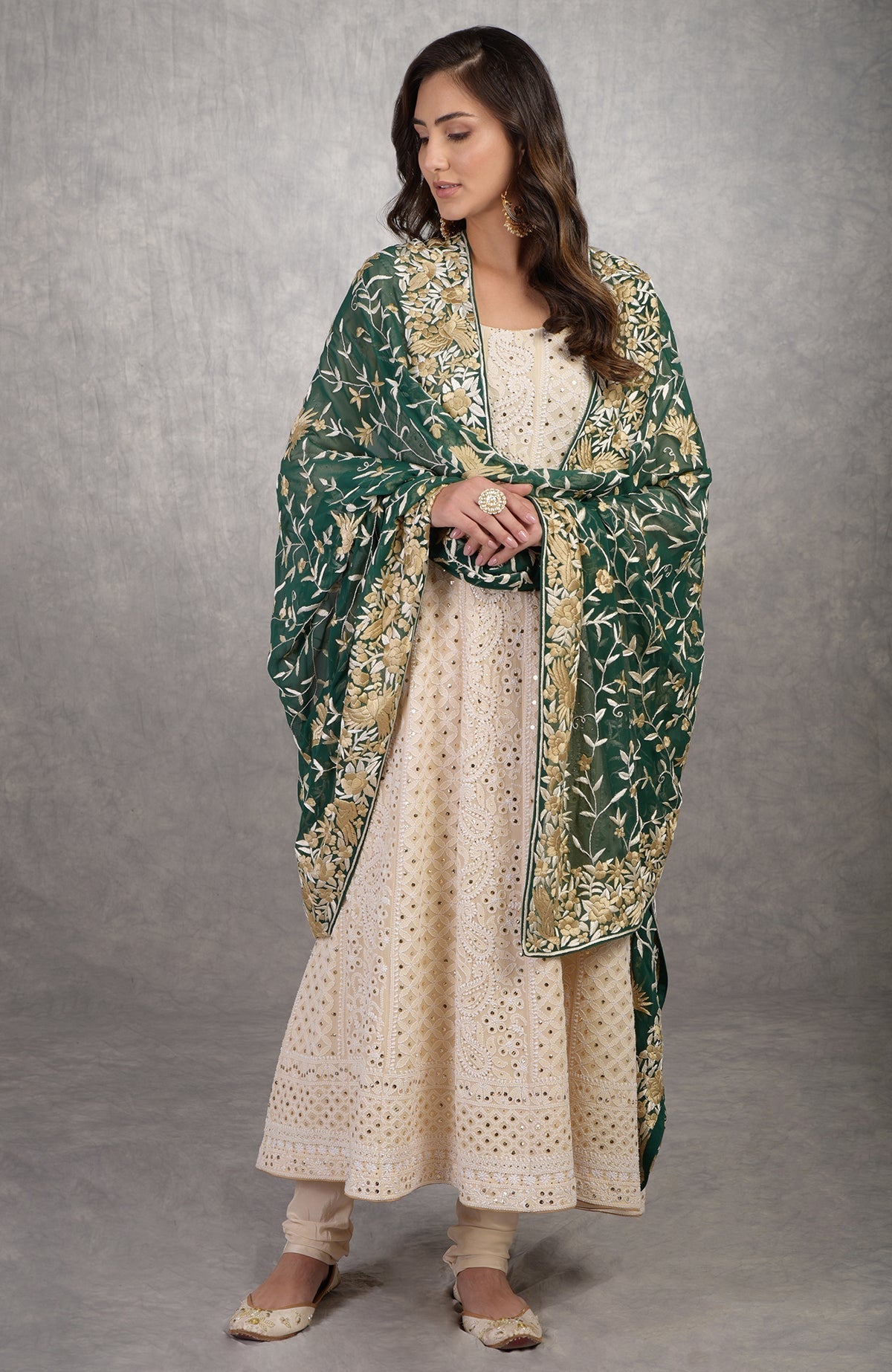 Champagne Chikankari suit with a green Parsi Gara embroidered dupatta.