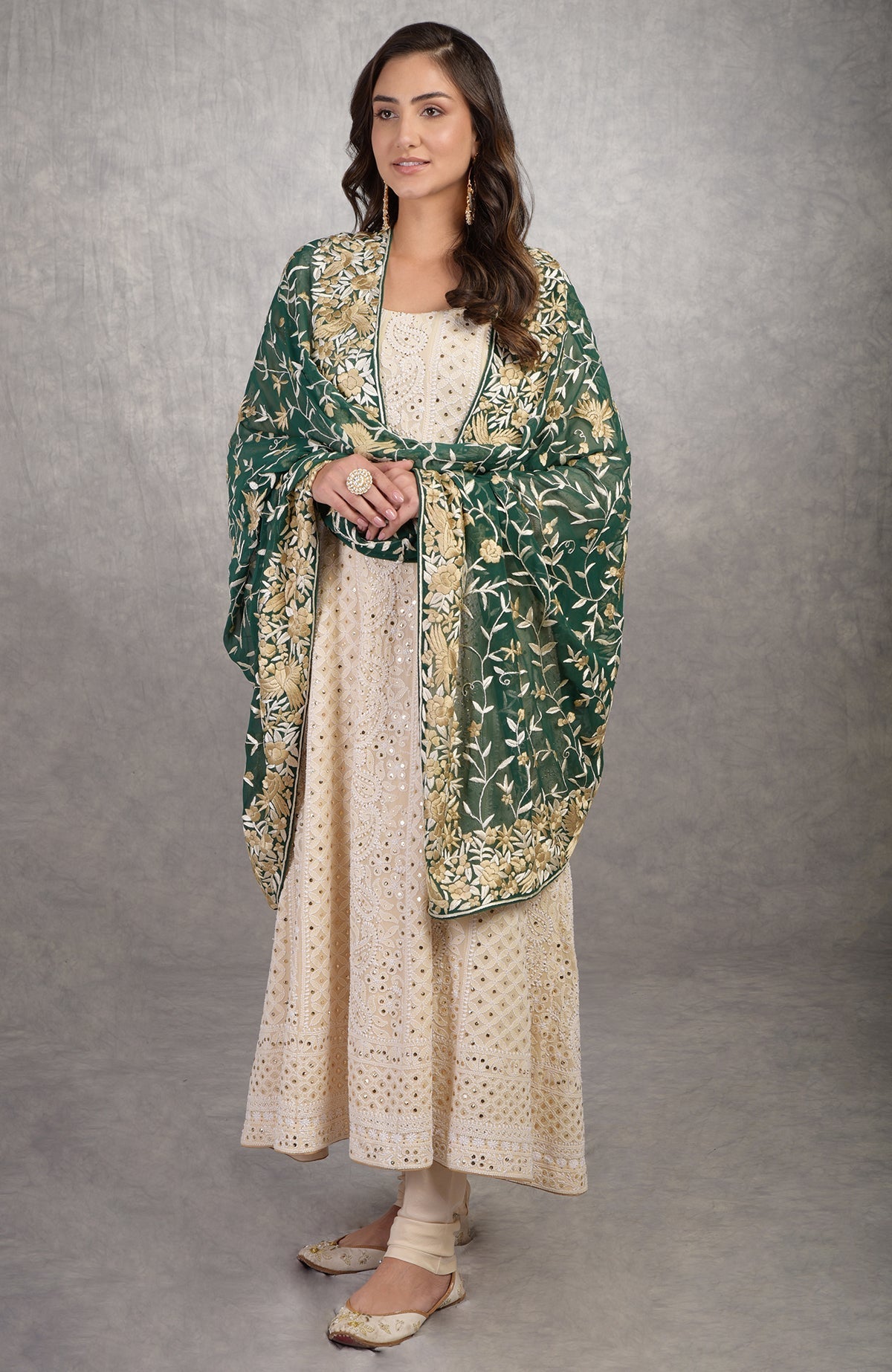Champagne chikankari Anarkali suit with gold kamdani and red Parsi Gara embroidered dupatta