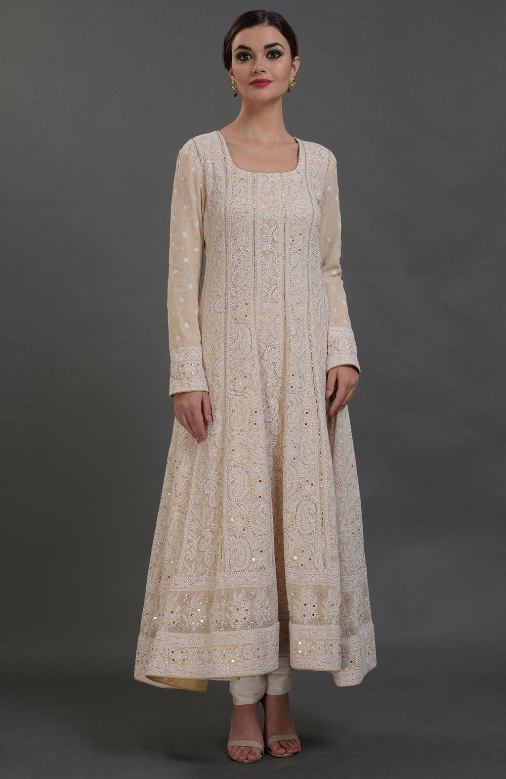 Champagne Anarkali suit with Lucknowi Chikankari and gold kamdani embroidery, red Parsi Gara dupatta
