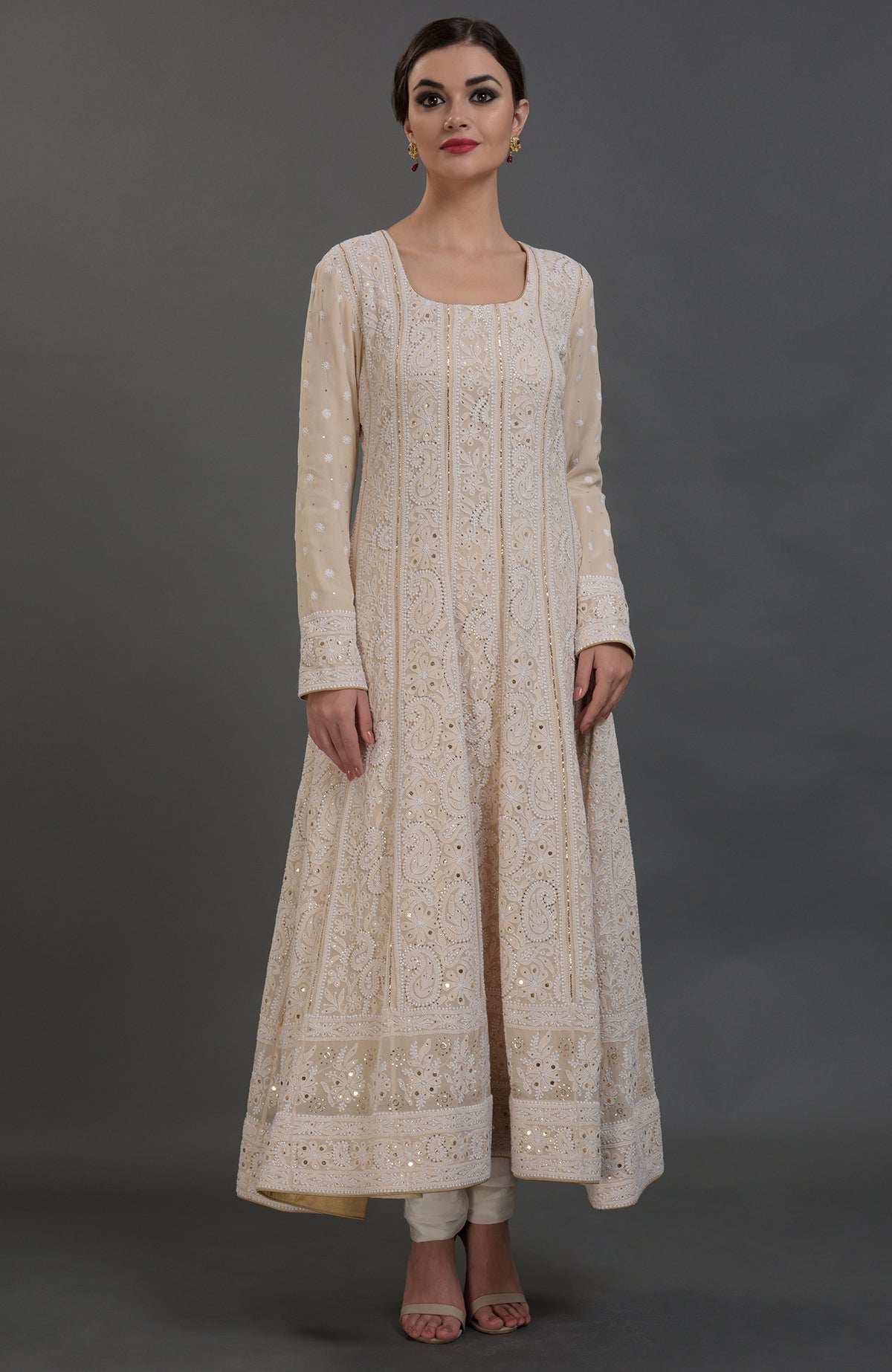 Champagne Anarkali suit with Lucknowi Chikankari and gold kamdani embroidery, red Parsi Gara dupatta