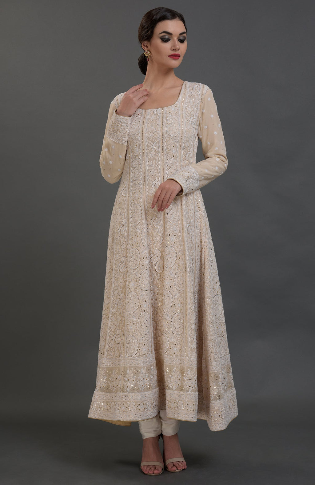 Champagne chikankari Anarkali suit with gold kamdani and red Parsi Gara embroidered dupatta