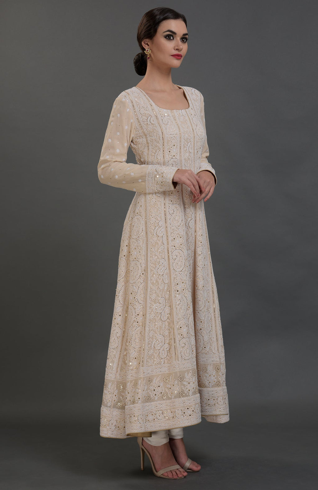Champagne Anarkali suit with Lucknowi Chikankari and gold kamdani embroidery, red Parsi Gara dupatta