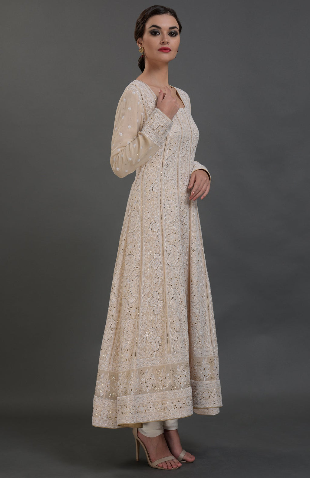 Champagne Chikankari Anarkali suit with gold kamdani work and red Parsi Gara embroidered dupatta.