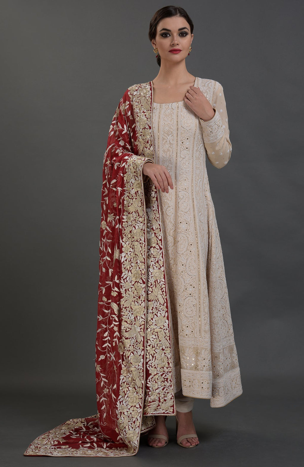 Champagne Anarkali suit with Lucknowi Chikankari and red Parsi Gara hand embroidered dupatta