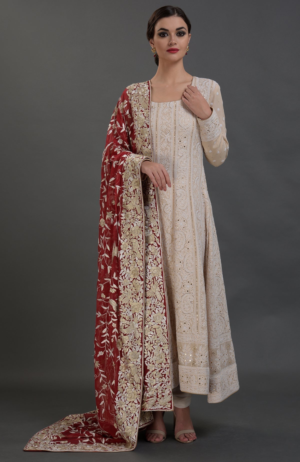 Champagne Anarkali suit with Lucknowi Chikankari and red Parsi Gara hand embroidered dupatta