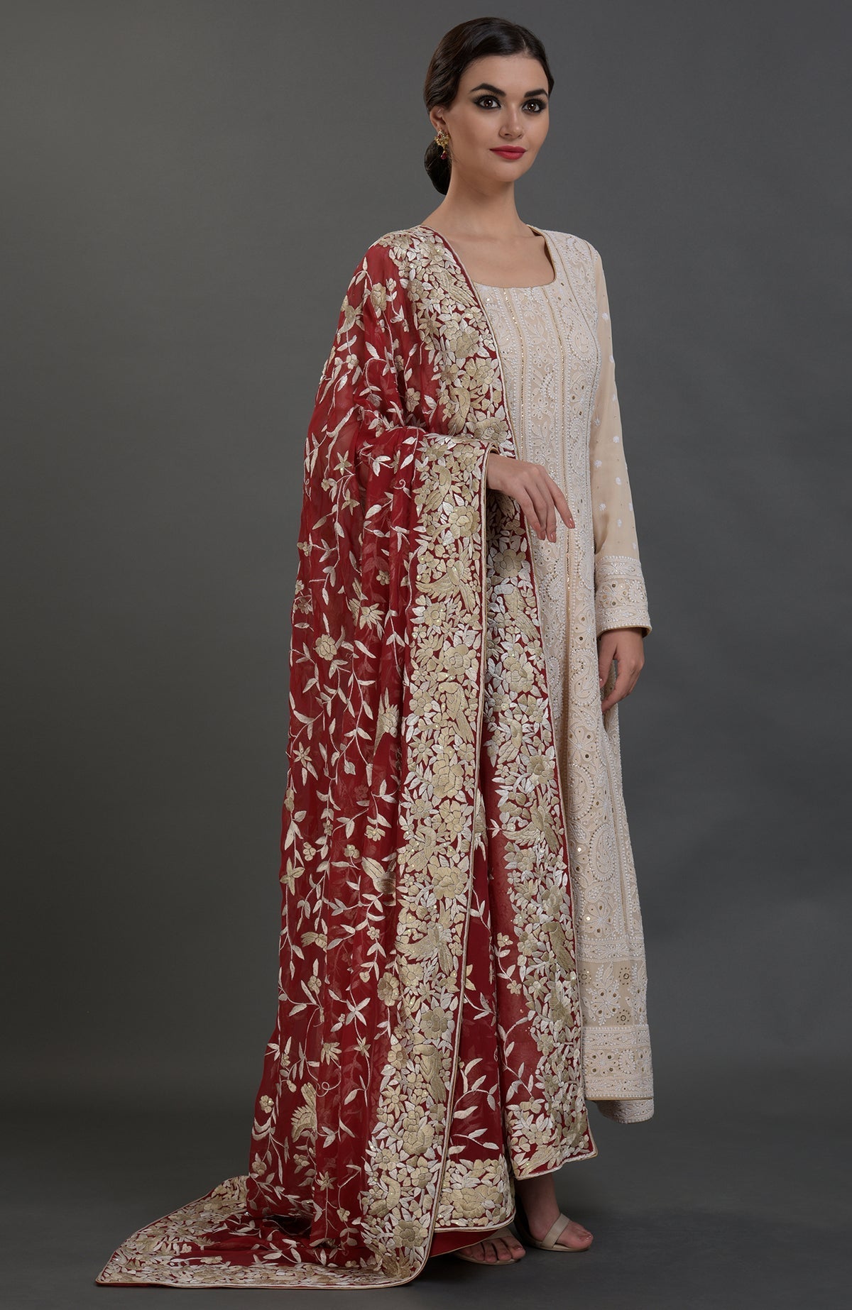 Champagne Anarkali suit with Lucknowi Chikankari and gold kamdani, red Parsi Gara embroidered dupatta